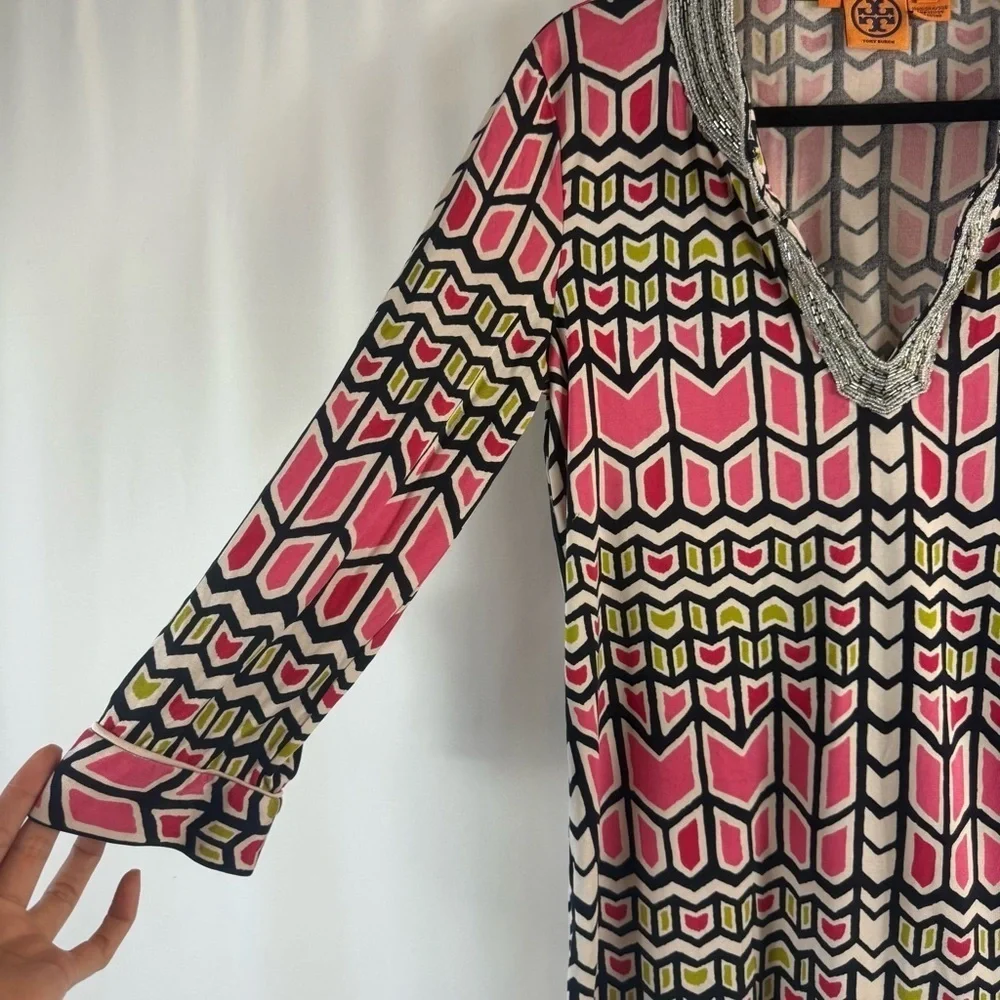 Tory Burch Women's 100% Silk Knit Tunic Top Multi Color Beaded Color Sz:M